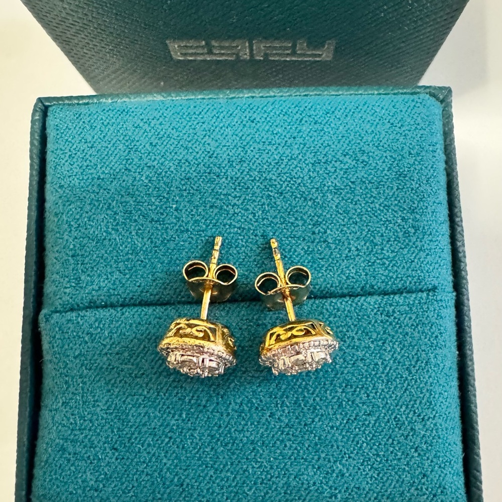 Authentic Effy Jewelry Two Tone Sterling silver & Gold Diamond Stud Earrings - Picture 5 of 8